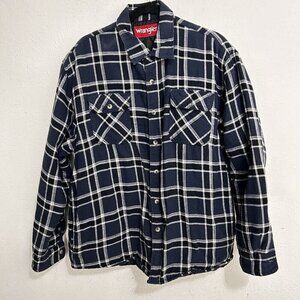 Wrangler Men's L Blue White Plaid Flannel Quilted Button Up Jacket. Lumberjack.